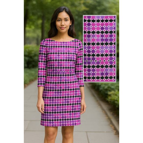 DONNA MORGAN Retro Mod Geometric Shift Dress Sz 8 Pink Purple Stretch Work Party - Picture 2 of 10